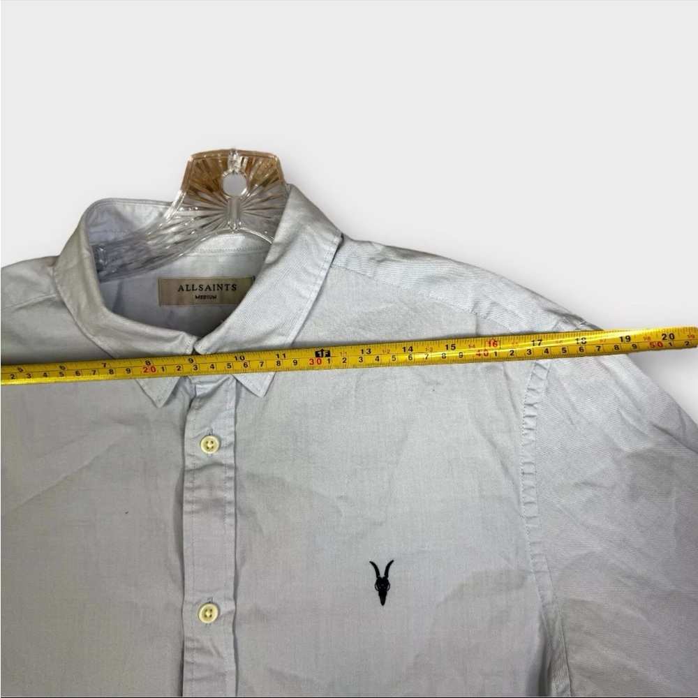 Allsaints 3/4 Sleeve Button Up Shirt Mens Medium Gray Solid Embroidered Logo - Picture 9 of 13